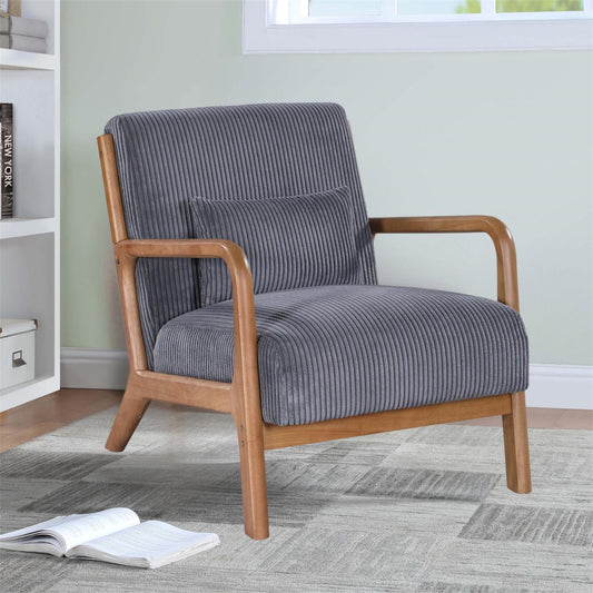 Aukfa Mid Century Modern Accent Chair w/ Lumbar Pillow for Living Room, Wood Frame, Leather, Brown