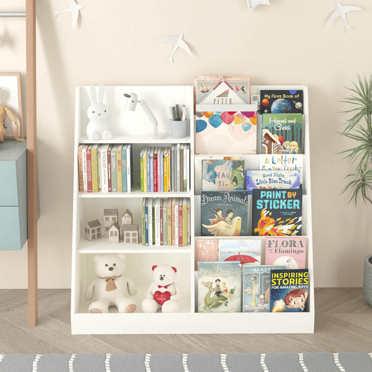 Aukfa Kids Bookshelf and Toy Storage Organizer w/ Bookcase Display Stand, White