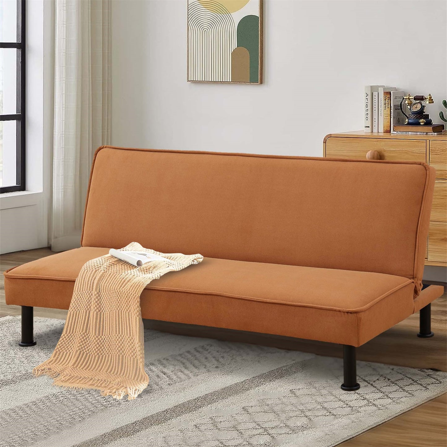 Aukfa Modern Futon Convertible Sofa Bed for Home Office, Adjustable Backrest, Flannel, Orange