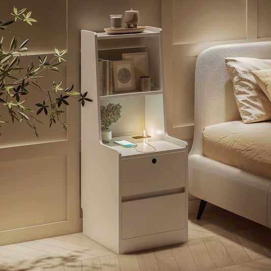 Aukfa Tall Nightstand with Bookshelf, Bed Side Tables, Bedside Table for Bedroom/Office,White