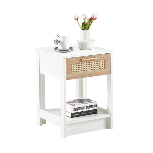 Aukfa Rattan Nightstand with Drawers for Bedroom - White