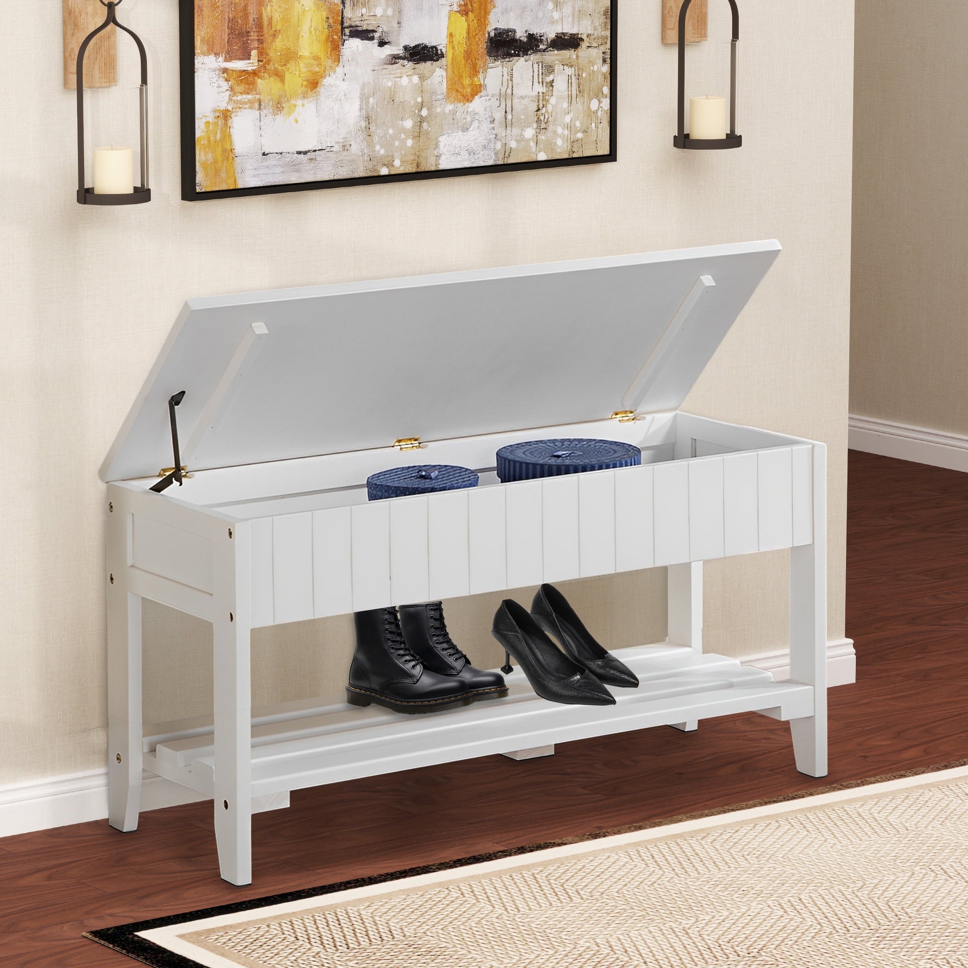 Aukfa Storage Bench, Wood Shoe Bench with Flip Top Storage for Hallway/Entryway/Living Room, White