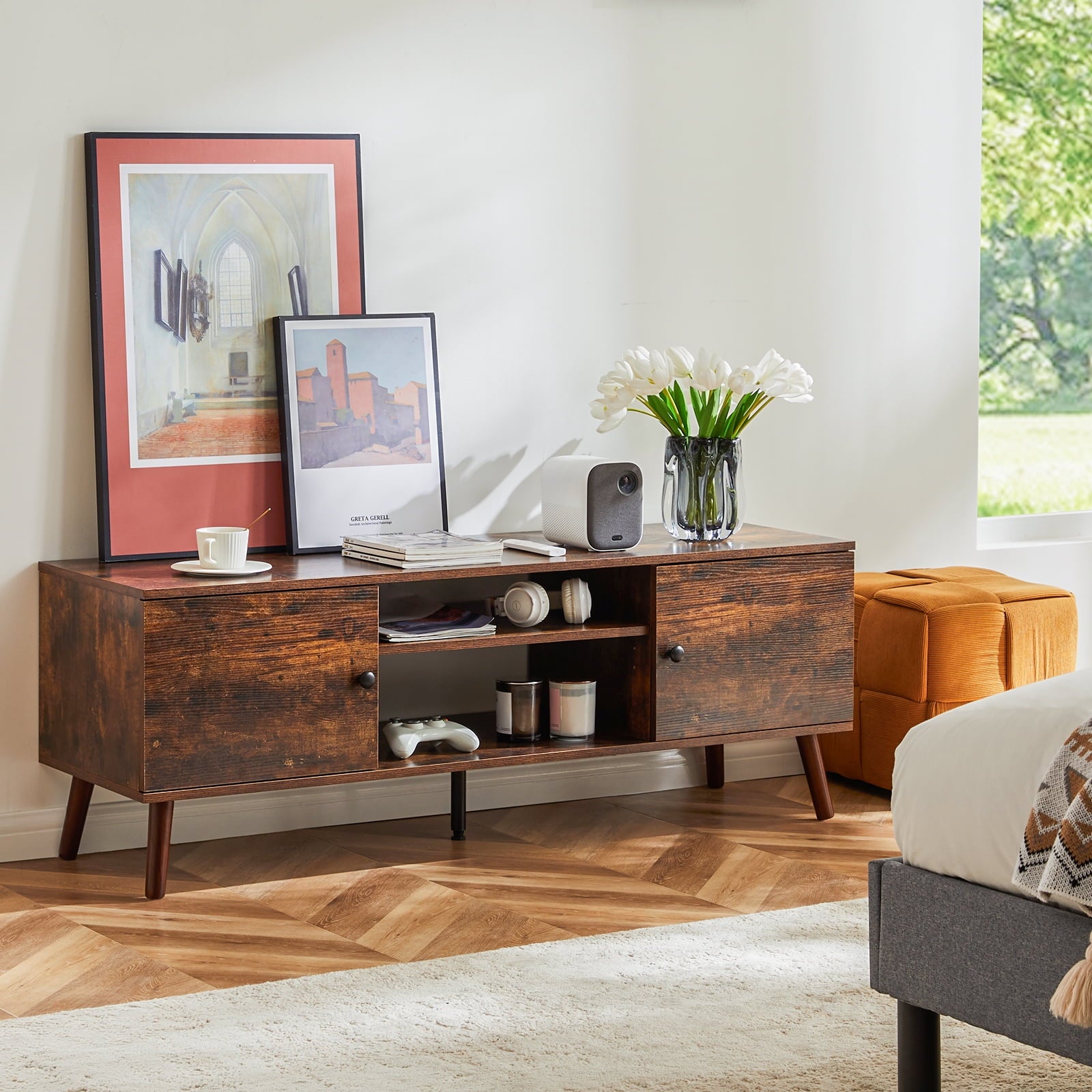 Aukfa TV stand for TVs up to 60"with Storage Cabinets for Living Room Bedroom, Brown