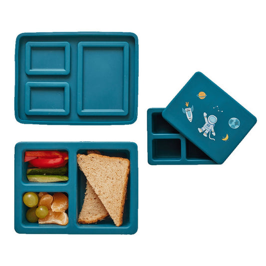 Austin Baby Co Leak-Proof Mini Bento Lunch Box for Toddler and Kids â€“ Silicone Container with 3 Leakproof Compartments â€“ Food-Safe Materials, Dishwasher Safe, and BPA Free (Space Galaxy Blue)
