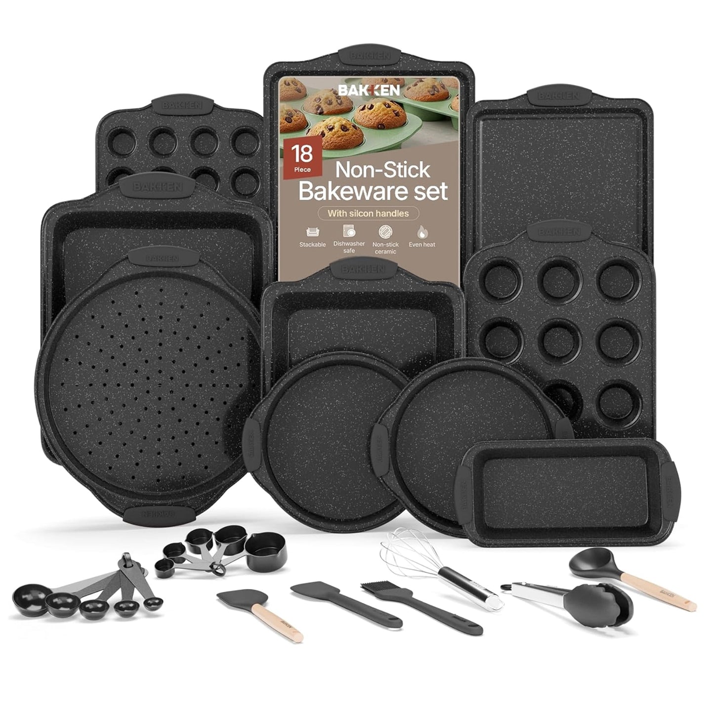 Bakken- Swiss 18-Piece Kitchen Oven Baking Set Nonstick Gray Marble Coating, Carbon Steel Bakeware, Silicone Handles, Dishwasher Safe