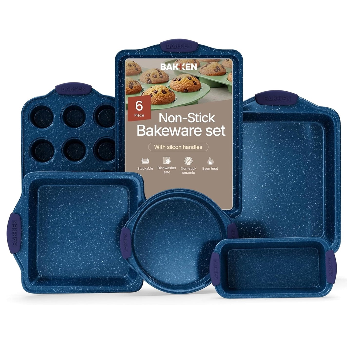 Bakken- Swiss Kitchen Baking Pan Set - Nonstick Coating, Carbon Steel Bakeware Sets with Blue Silicone Handles, Baking Kitchen Essentials, Oven Safe Tray (Up To 450Â° F), Set of 6