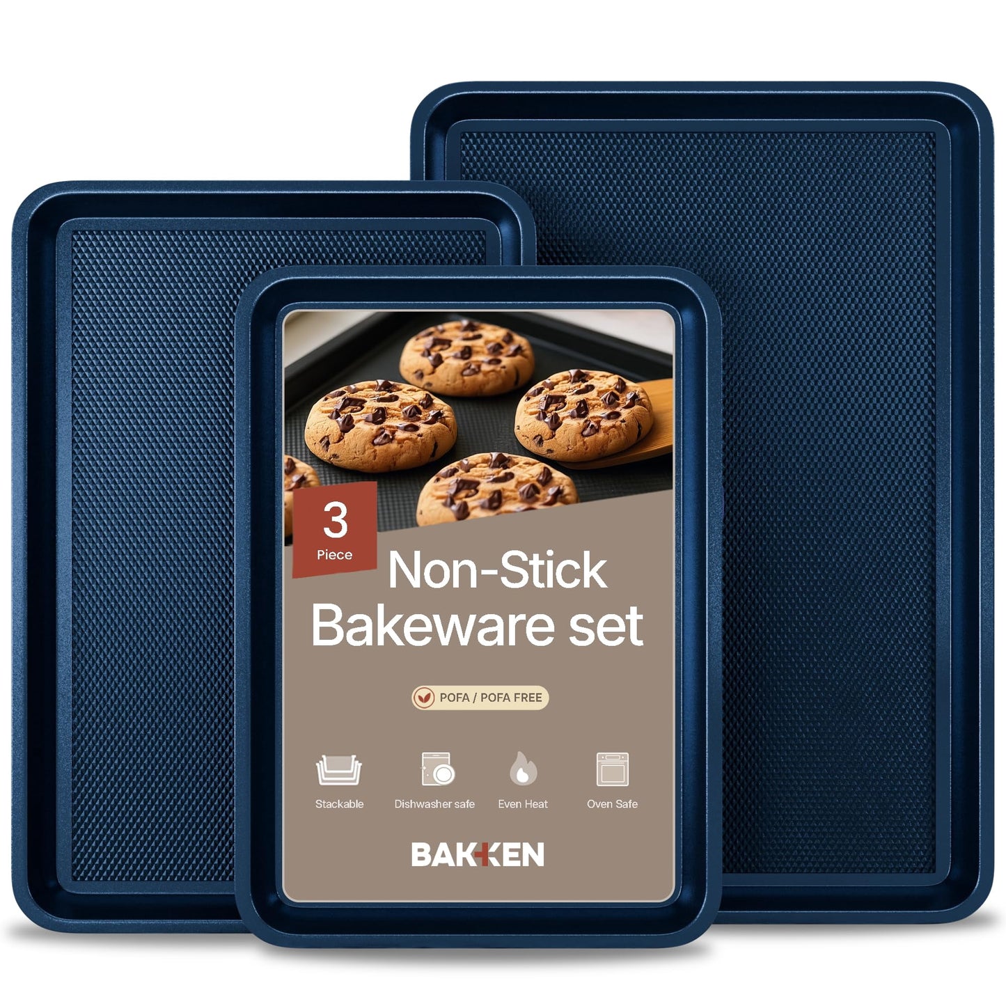 BAKKEN Kitchen Baking Pan - Small, Medium, and Large Cookie Sheet Nonstick, Diamond Texture Bottom, Oven Safe 450Â°F, Pack of 3, Blue