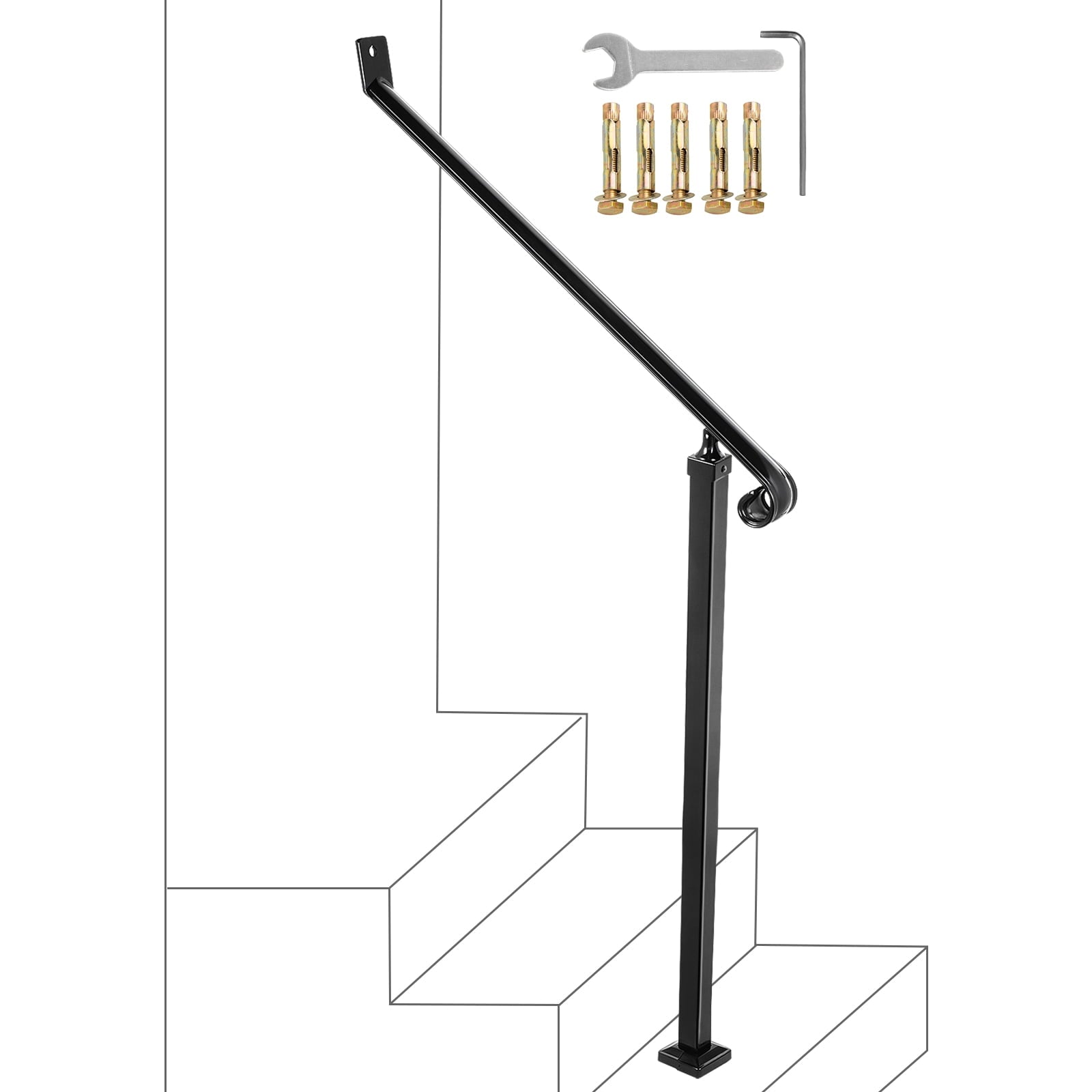 BENTISM 2 Step Handrail Iron Railings for Outdoor Steps 40 MM Pipe Iron Handrail Stair Railings for Steps Black Iron Railings for Steps Wrought Iron Handrail Step Railing Handrails