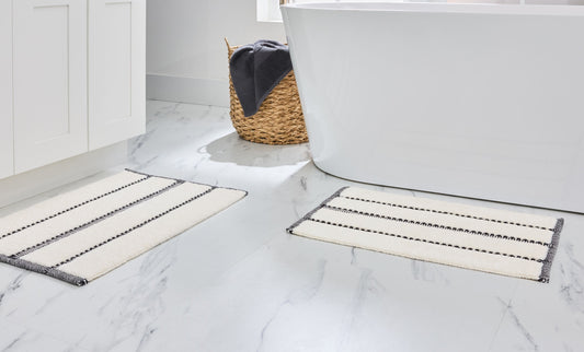 Better Homes & Gardens Atlas Stripe 2 Piece Bath Rug Set, Grey Shadow & Vanilla Dream, 17" x 24" & 20" x 30"