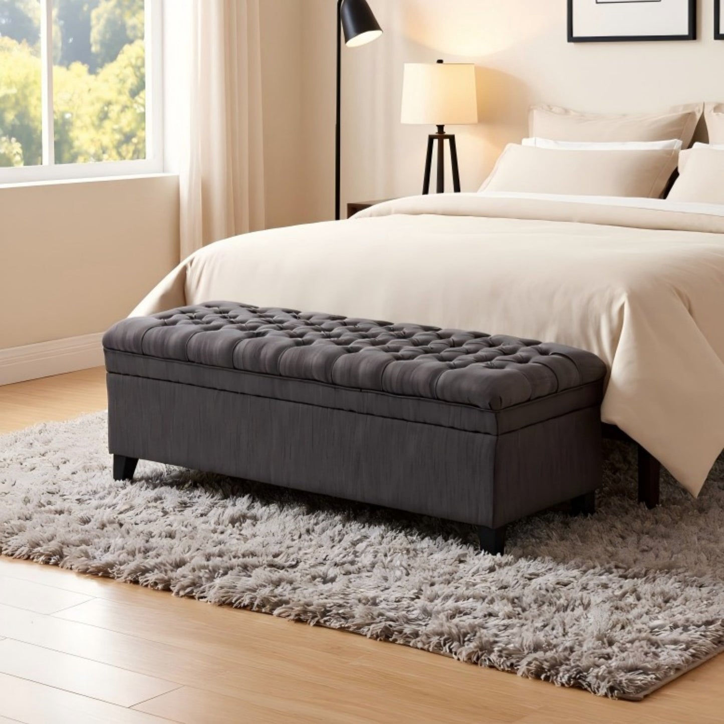 BSHTI 49.41" Flip Top Storage Bench with Tufted Seat â€“ Solid Wood Frame, Hidden Storage Compartment, High-Density Foam, Tapered Legs â€“ For Entryway, Bedroom, Living Room,Dark Grey
