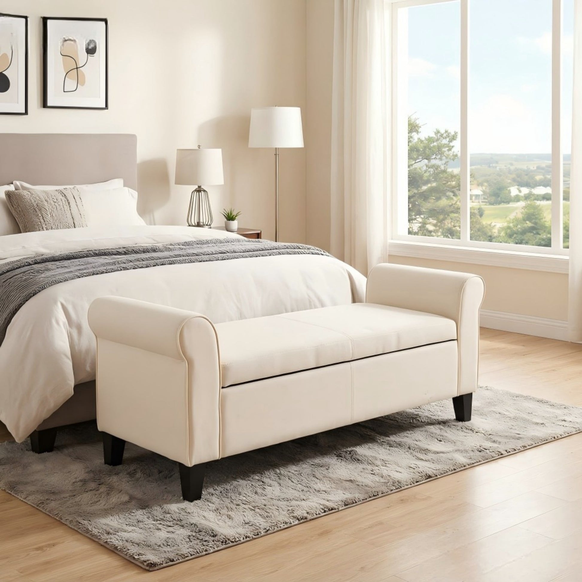 BSHTI 50" Flip Top Storage Bench with Tufted Cushion & Rolled Armrests â€“ Solid Wood Frame, Hidden Storage Compartment, Tapered Legs â€“ For Entryway, Bedroom, Living Room,Beige