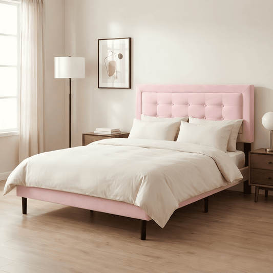 BSHTI Queen Size Platform Bed Frame with Square Tufted Upholstered Headboard â€“ Solid Wood Frame, 10 Wood Slats, Center Support Leg, Under-Bed Clearance, No Box Spring Needed, Pink