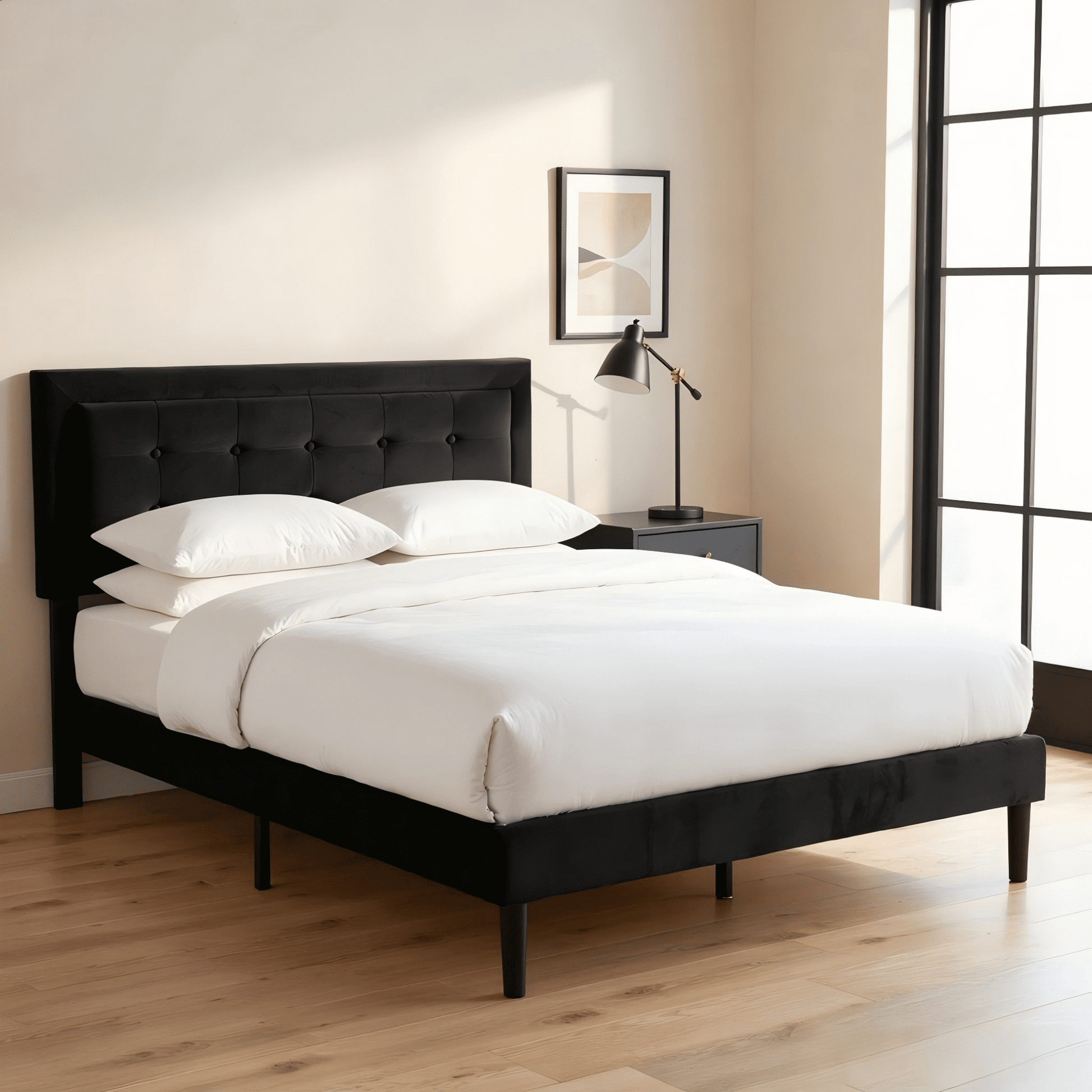 BSHTI Full Size Platform Bed Frame with Square Tufted Upholstered Headboard â€“ Solid Wood Frame, 10 Wood Slats, Center Support Leg, Under-Bed Clearance, No Box Spring Needed, Black