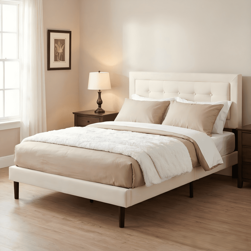 BSHTI Full Size Platform Bed Frame with Square Tufted Upholstered Headboard â€“ Solid Wood Frame, 10 Wood Slats, Center Support Leg, Under-Bed Clearance, No Box Spring Needed, Beige