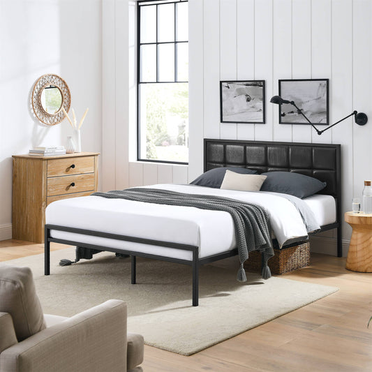 BSHTI Modern Queen Size Metal Platform Bed Frame with Upholstered Headboard and wood slats support for Livingroom,No Box Spring Needed