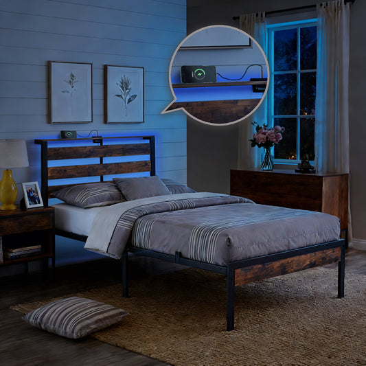 BSHTI Twin Size LED Bed Frame with Metal Frame, RGB Lights & Storage Headboard, No Box Spring Needed, Under-Bed Storage, for Bedroom, Dorm, or Guest Roomï¼ŒRustic Brown