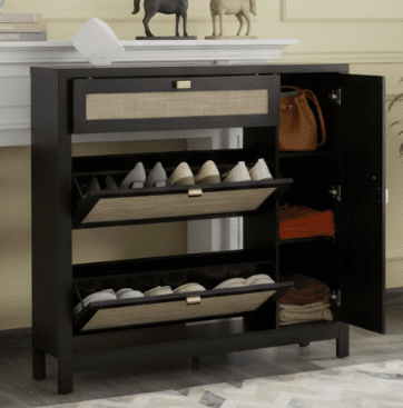 BSHTI Woven Design Bedroom 43.3â€Shoe Storage Cabinet, with 2 Flip Drawers & Side Cabinet,Rattan Woven Design,Ajustable Shoe Rack,Back with Ventitation Design,Gold Metal Handle,Black