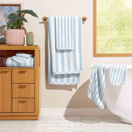 Beautiful by Drew Barrymore 6-Piece Stripe Hem Bath Towel Set, Soft 100% Cotton, Hydrangea