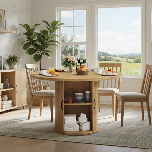 BaPiPro 47" Round Dining Table for 4, Modern Farmhouse Kitchen Table with Hidden Storage, Natural Wood