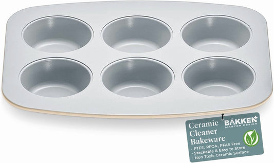 Bakken 6-Cup Cake and Muffin Pan, Aluminized Steel with Ceramic Non-Stick Coating, Non-Toxic, Heavy-Duty Bakeware, Even Heat Distribution, 10.8 x 8.8 Inches - Gold