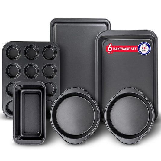 Bakken-Swiss 6-Piece Kitchen Baking Pan Set, Carbon Steel Nonstick Bakeware with Stackable Space-Saving Design, Oven Safe, Black