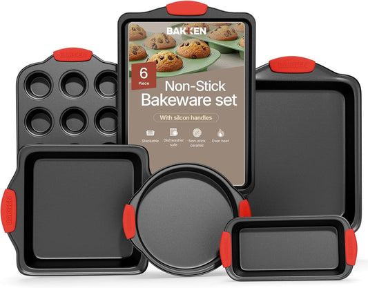 Baking Set â€“ 6 Piece Kitchen Oven Bakeware Set â€“ Deluxe Non-Stick Black Coating Inside and Outside â€“ Carbon Steel â€“ Red Silicone Handles â€“Bakken