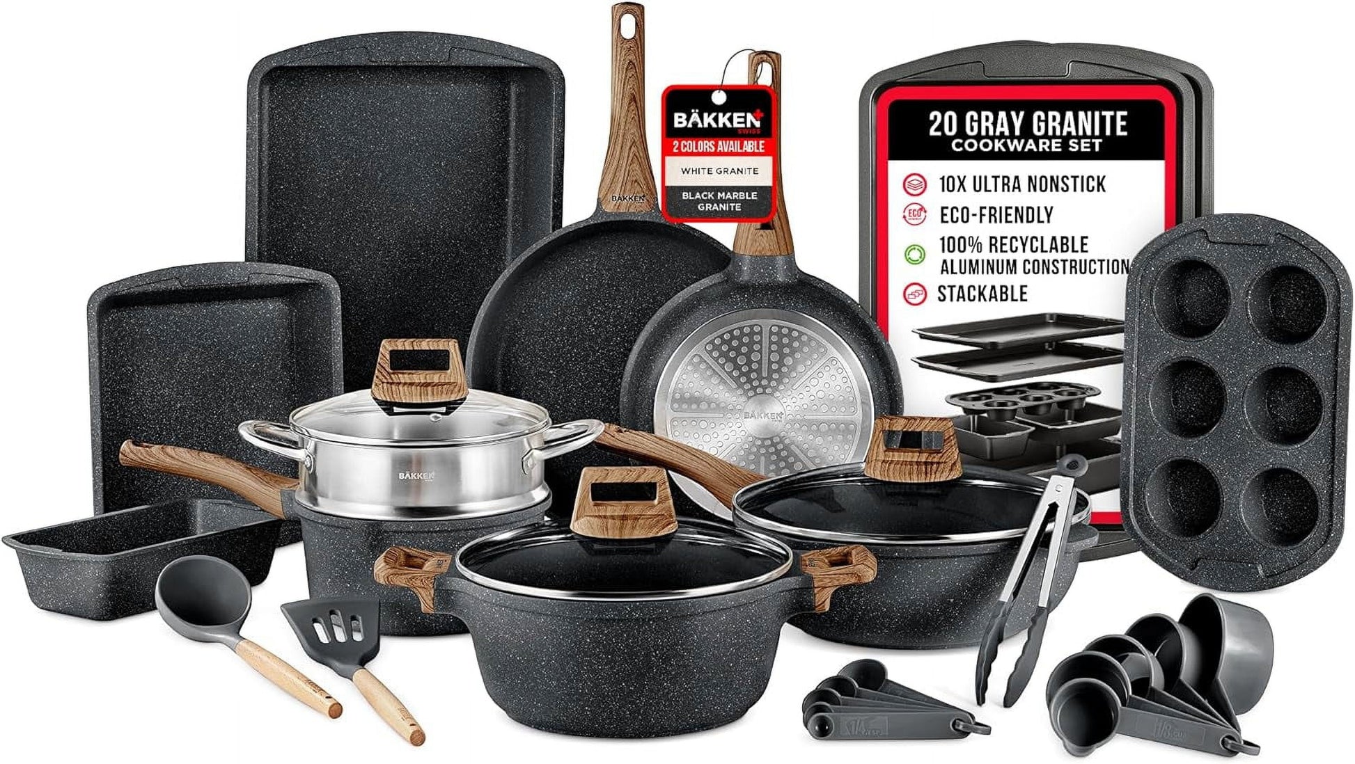 Bakken 20-Piece Kitchen Cookware Set â€“ Granite Non-Stick â€“ Eco-Friendly â€“ for All Stoves & Oven-Safe - Marble coating