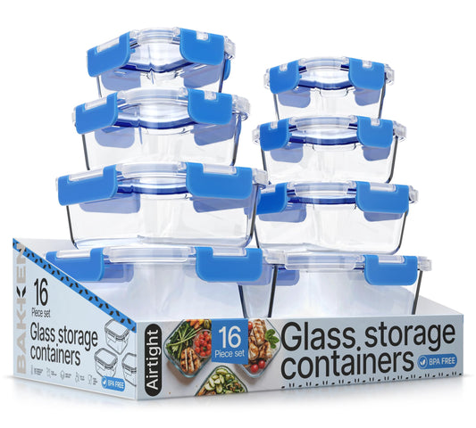 Bakken Borosilicate Glass Food Storage Containers with Lids 16 Pieces, Airtight Leak-Proof, Stackable Lunch Containers Microwave & Freezer Safe, Blue