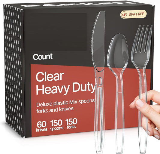 Bakken Disposable Cutlery Set 360 Pieces Forks, Heavy Duty Plastic Silverware, BPA-Free Food-Grade Materials, Heat-Resistant, Reusable Utensils for Parties, Catering, BBQs, and Everyday Use, Clear