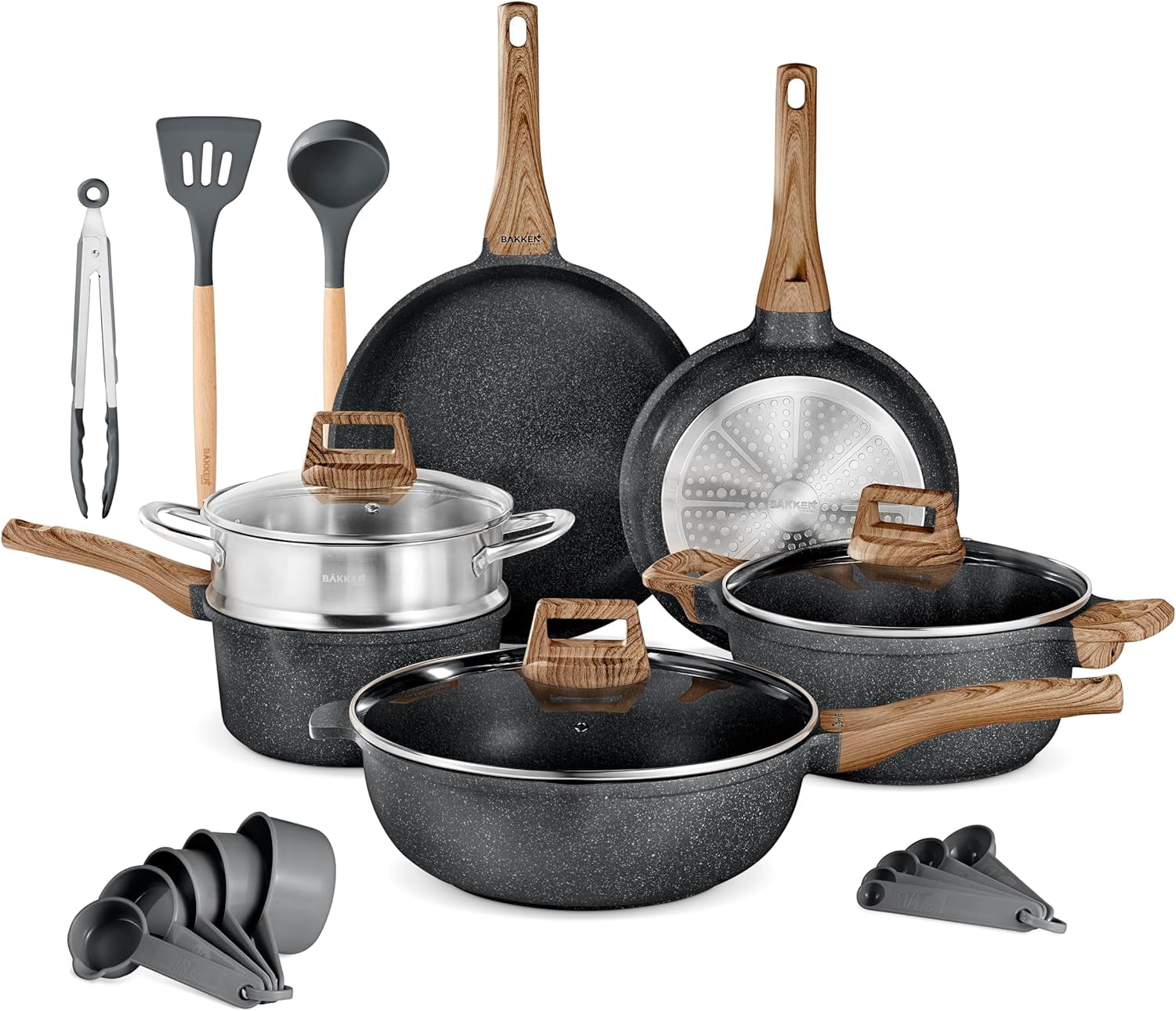 BAKKEN Cookware Set - Nonstick Granite Coating, Pots and Pans with Handle Grips and Tempered Glass Lids, Safe up to 500Â°F, Set of 20