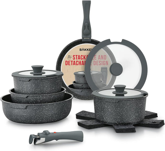 BAKKENMASTER 15 Piece Non Stick Granite Cookware Set, Black