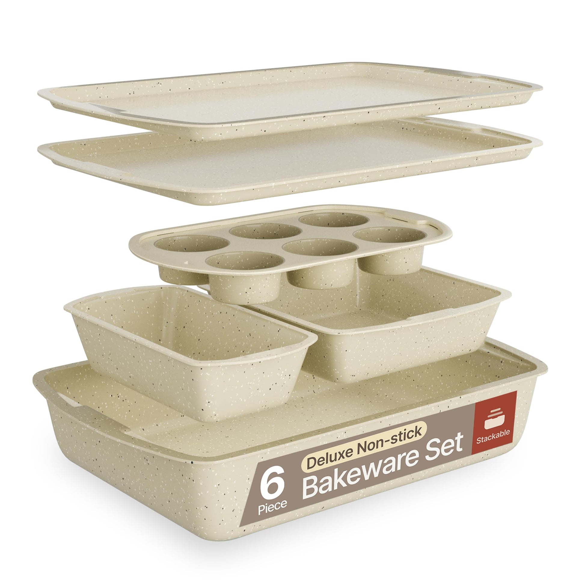 Bakken- Swiss Kitchen Baking Pan Set - Nonstick White Marble Coating, Commercial Grade Carbon Steel, Baking Kitchen Essentials, Oven Safe Tray (Up To 450Â° F), Set of 6