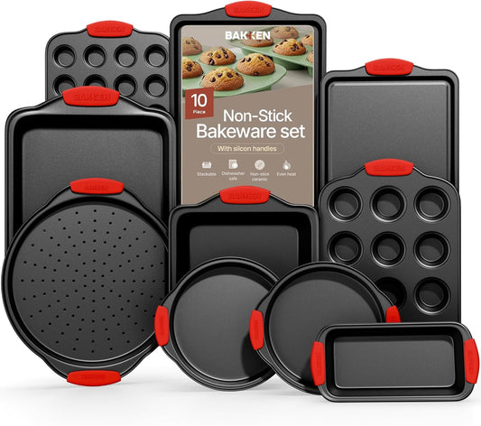 Bakken- Swiss Kitchen Baking Pan Set - Nonstick Coating, Carbon Steel Bakeware Sets with Blue Silicone Handles, Baking Kitchen Essentials, Oven Safe Tray (Up To 450Â° F), Set of 10