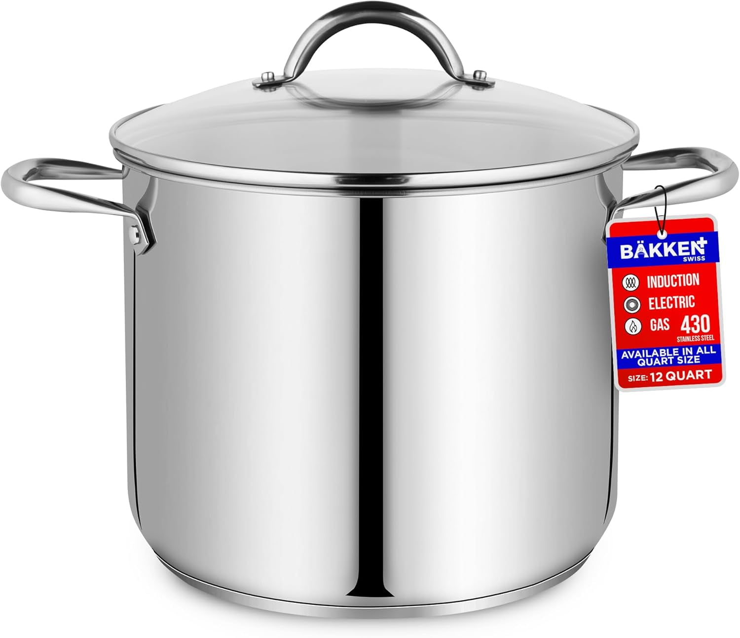 BAKKEN 12-Quart Stainless Steel Stockpot with Glass Lid â€“ Induction Compatible, Even Heat, Riveted Handles