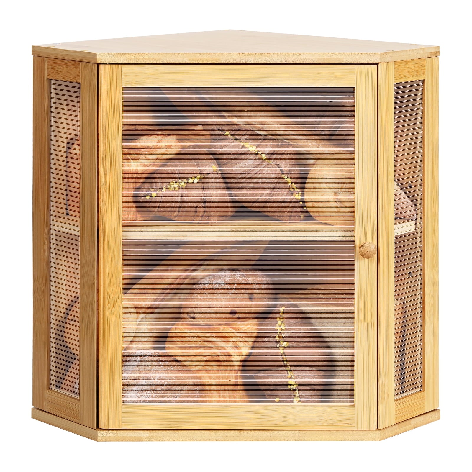 Bamboo Bread Box for Kitchen Countertop, Double Layer Bread Container, Bread Storage with Acrylic Wavy Door Panel, Black, Large