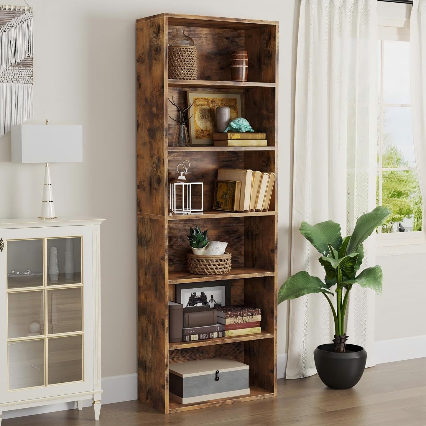 Bapipro Bookcase and Bookshelf, Floor Standing 6-Tier High Bookshelf, Display Storage Rack, Home Decorative Furniture, Suitable for Home Offices, Living Rooms, and Bedrooms,Brown