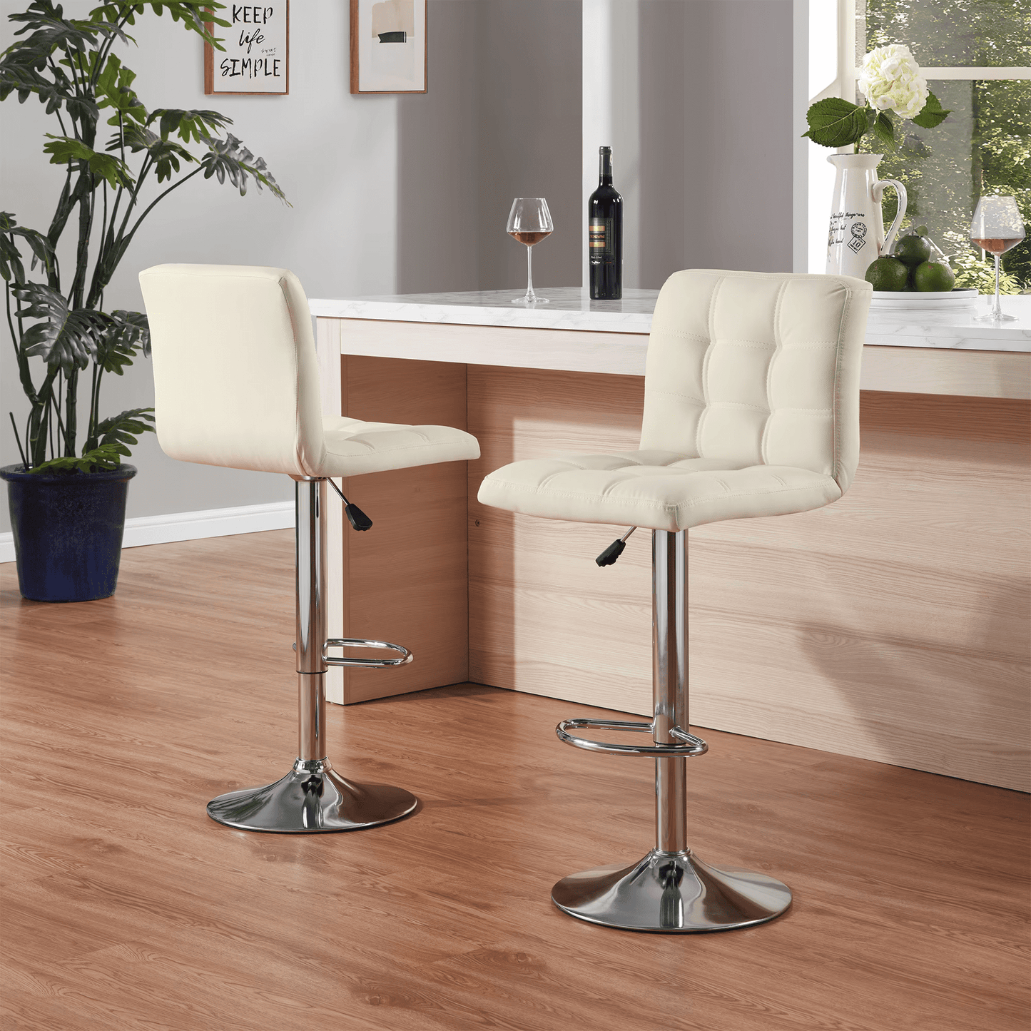 Bar Stools Set of 2 Adjustable PU Leather Swivel Barstools,Counter Height Barstools for Bar, Kitchen Modern Counter Stools with Back and Footrest, Beige