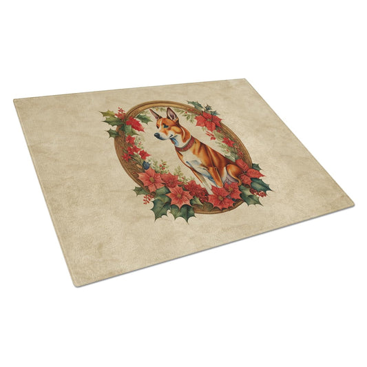 Basenji Christmas Flowers Glass Cutting Board 12 in x 15 in