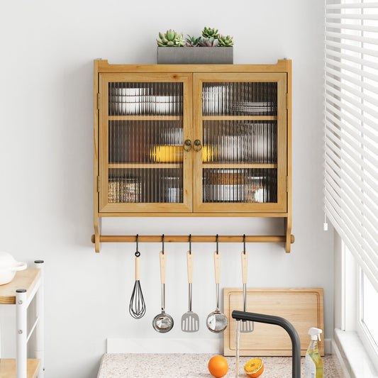 Bathroom Cabinet,Glass Door Vintage Double Door Wall Cabine with Three Tiers of Storage with Towel Rack for Bathroom, Kitchen,Dining Room,Natural