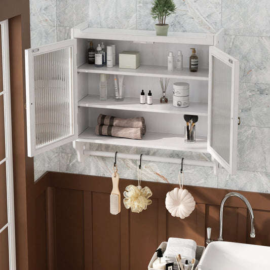 Bathroom Cabinet,Glass Door Vintage Double Door Wall Cabine with Three Tiers of Storage with Towel Rack for Bathroom, Kitchen,Dining Room,White