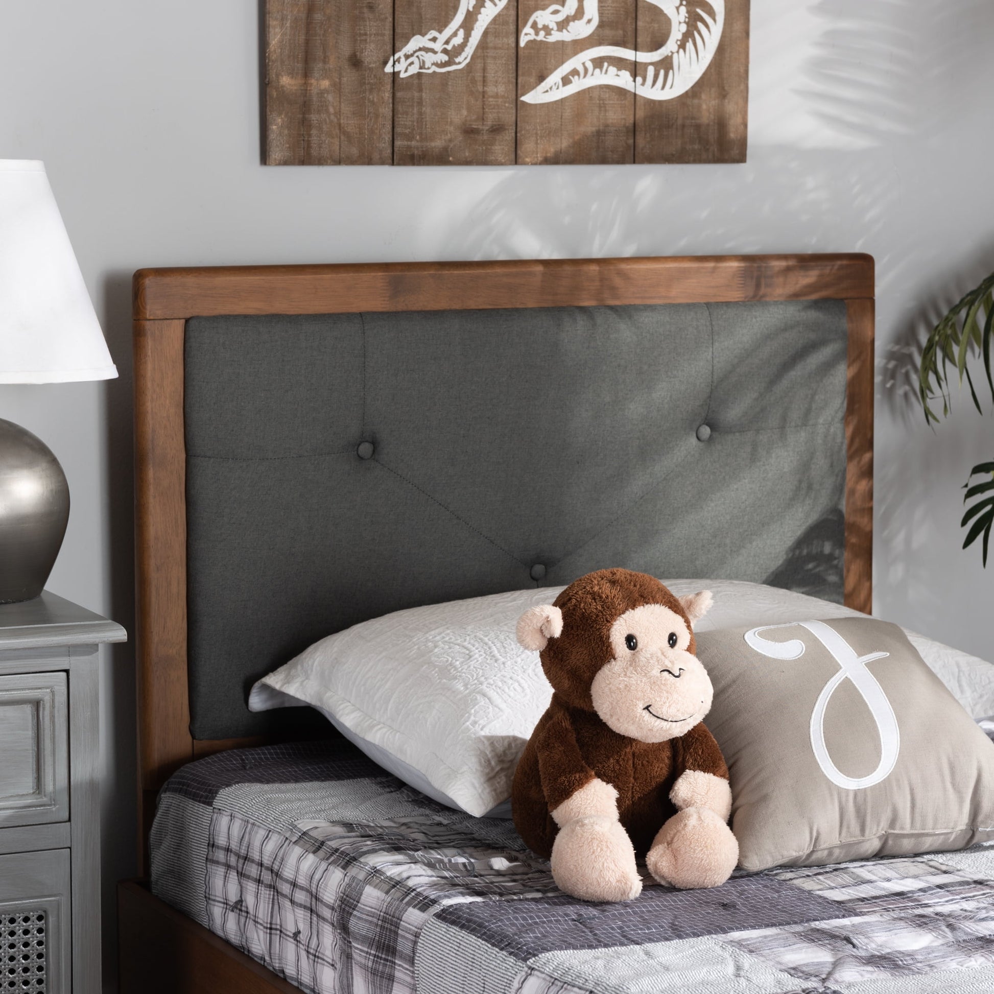 Baxton Studio Abner Modern and Contemporary Transitional Dark Grey Fabric Upholstered and Walnut Brown Finished Wood Twin Size Headboard