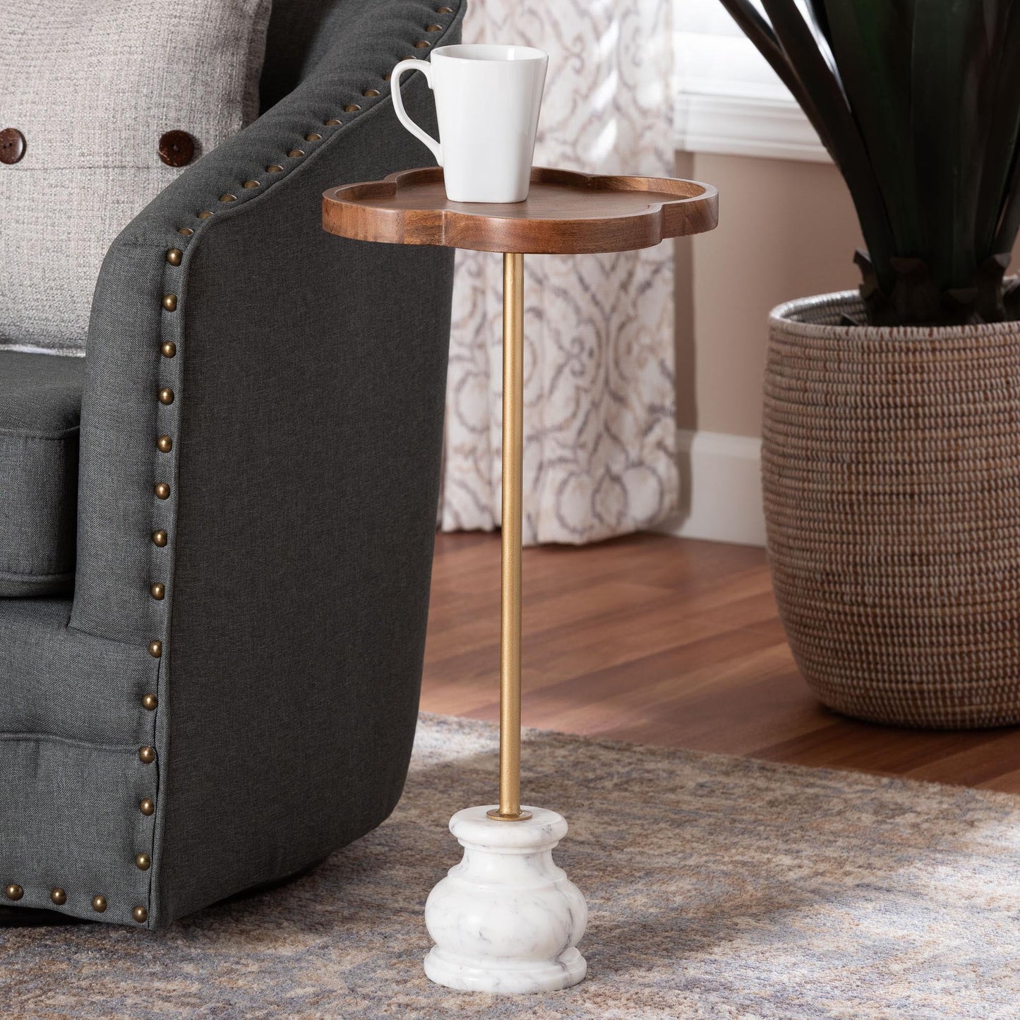 Baxton Studio Gezana Drink Table with Marble Base - Compact Pedestal Accent Table with Clover Tray Top for Living Room or Sofa Side