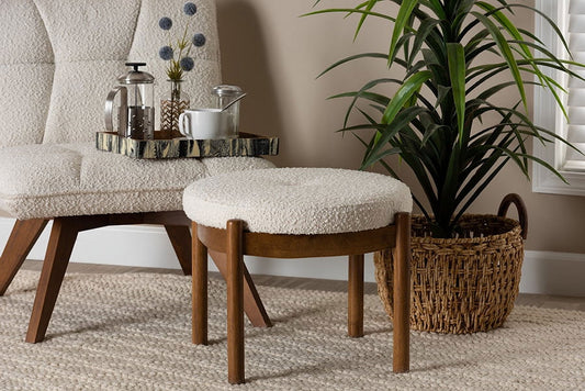 Baxton Studio Iliana Japandi Cream Boucle Fabric and Walnut Brown Finished Rubberwood Ottoman Footstool
