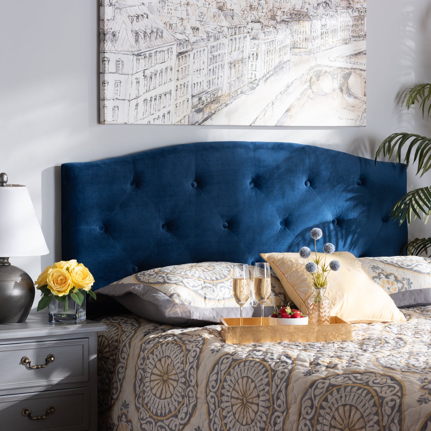 Baxton Studio Leone Modern and Contemporary Navy Blue Velvet Fabric Upholstered Queen Size Headboard