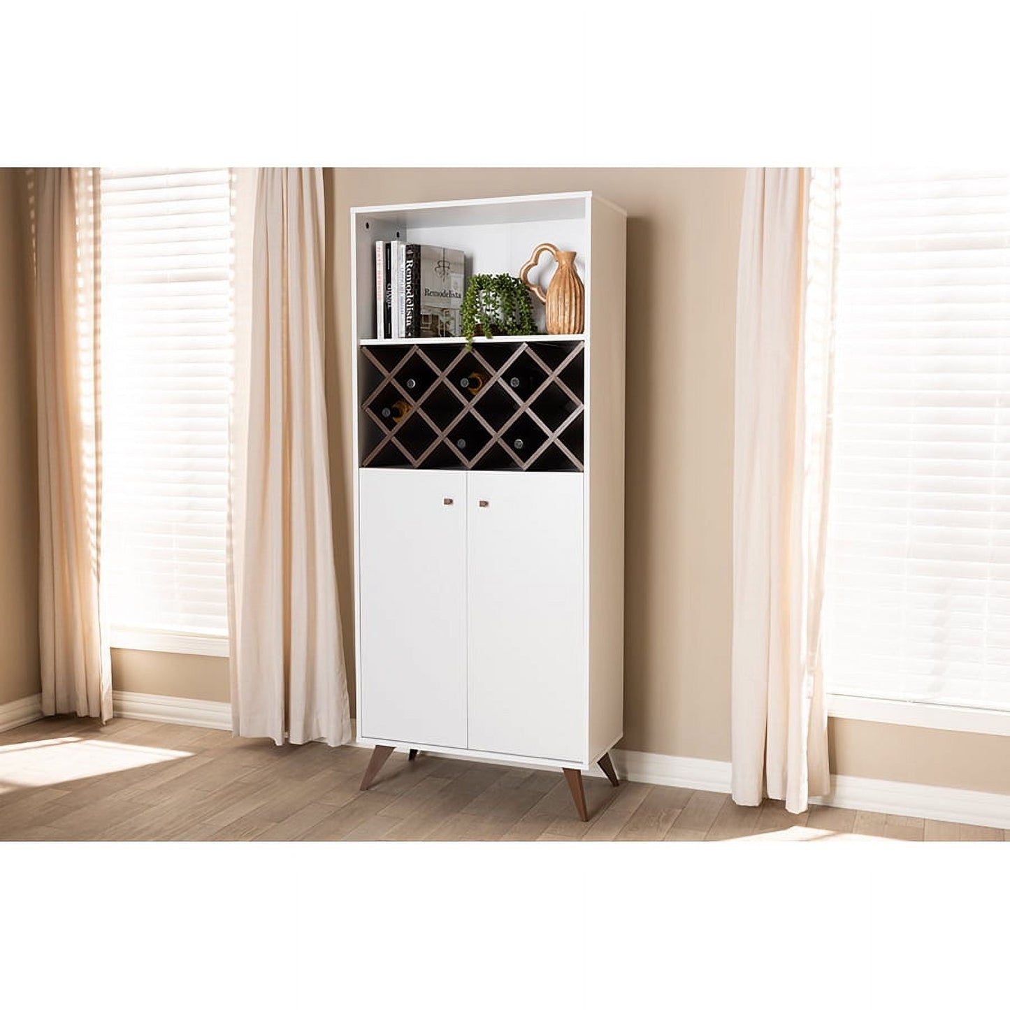 Baxton Studio Serafino Mid-Century Modern White and Walnut Finished Wood Wine Cabinet
