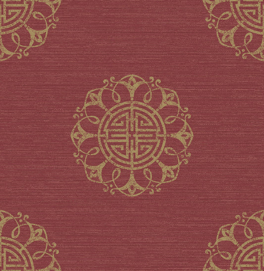 Beacon House Lien Red Fountain Medallion Wallpaper