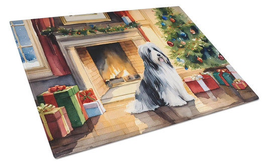 Bearded Collie Cozy Christmas Glass Cutting Board Large 12 in x 15 in