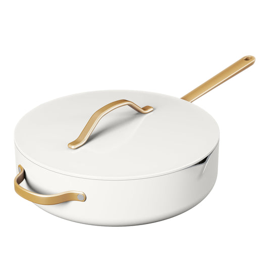 Beautiful 5.5 Quart Evergood Non-Toxic Ceramic Nonstick Coating Saute Pan with Strainer Lid, White Icing by Drew Barrymore