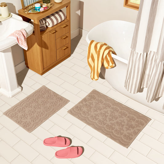 Beautiful Floral Block Scallop 2 Piece Bath Rug Set by Drew Barrymore, Fawn, 17" x 24" & 20" x 30"