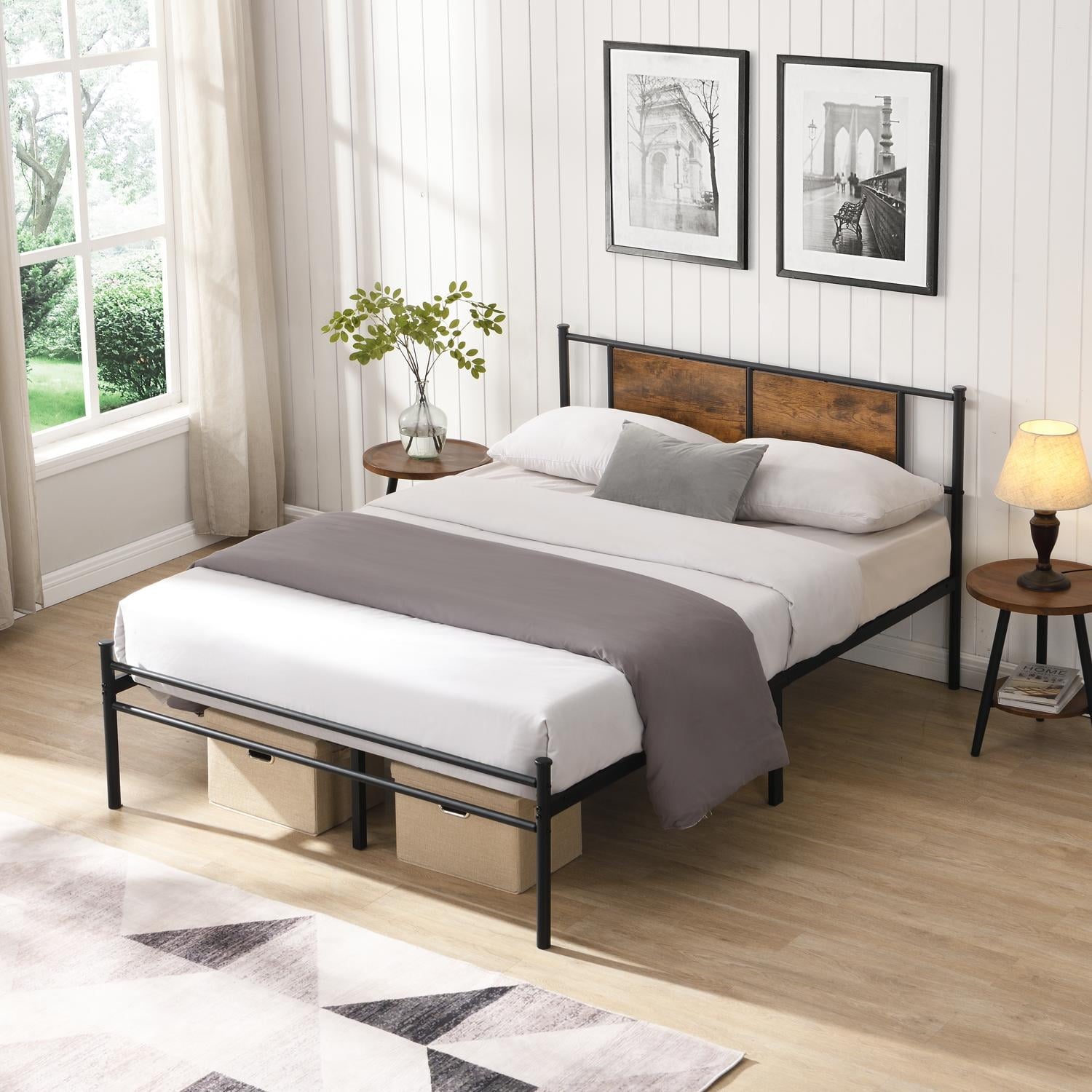 Bed Frame, Metal Bed Frame, Full Size Bed&nbsp;Platform with Wood Panel Headboard, Sturdy Steel Slats, Under Bed Storage, Black+Brown, 77.6 Inch Length, No Box Spring Needed
